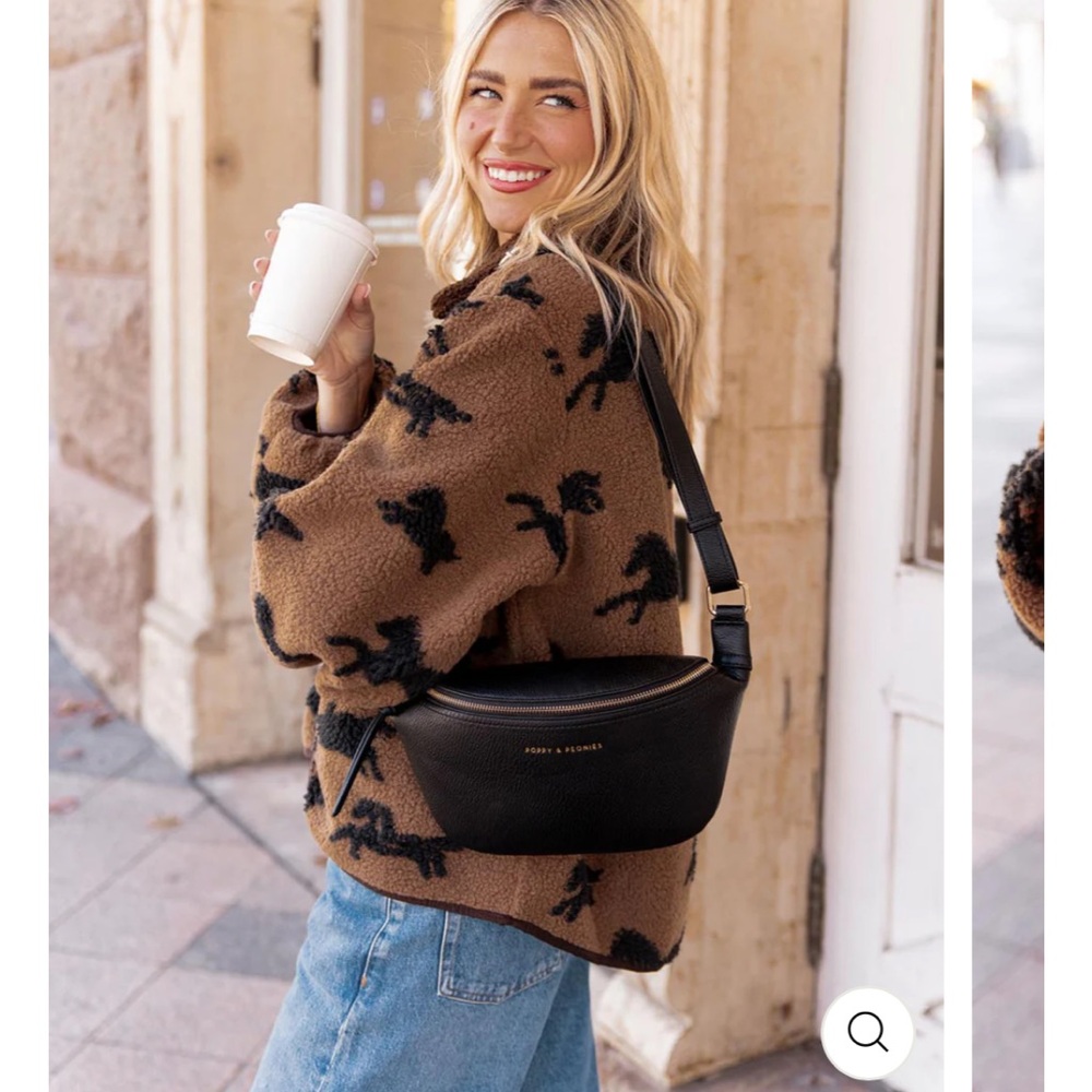 Poppy & Peonies Black Pebbled Leather Crossbody Belt Bag - Picture 5 of 14
